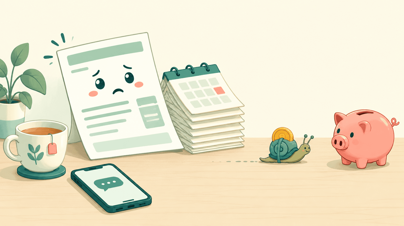Cartoon of a worried invoice on a kitchen table, with a snail slowly carrying a coin to a piggy bank