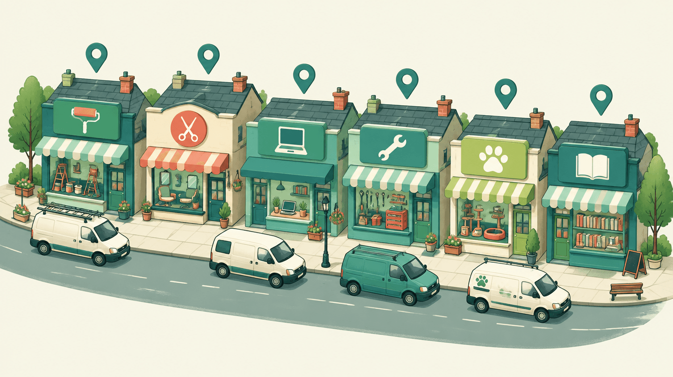 Cartoon of a small UK high street with shops and vans for different trades, each marked with a green map pin