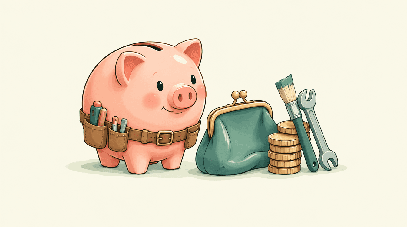 A piggy bank with a tiny tool belt beside a slightly deflated coin purse and a small stack of coins, with a paintbrush and a spanner leaning on it