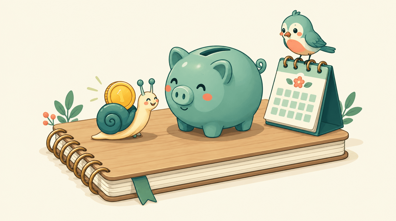 A piggy bank on a diary page with a snail carrying a gold coin towards it while a small bird watches