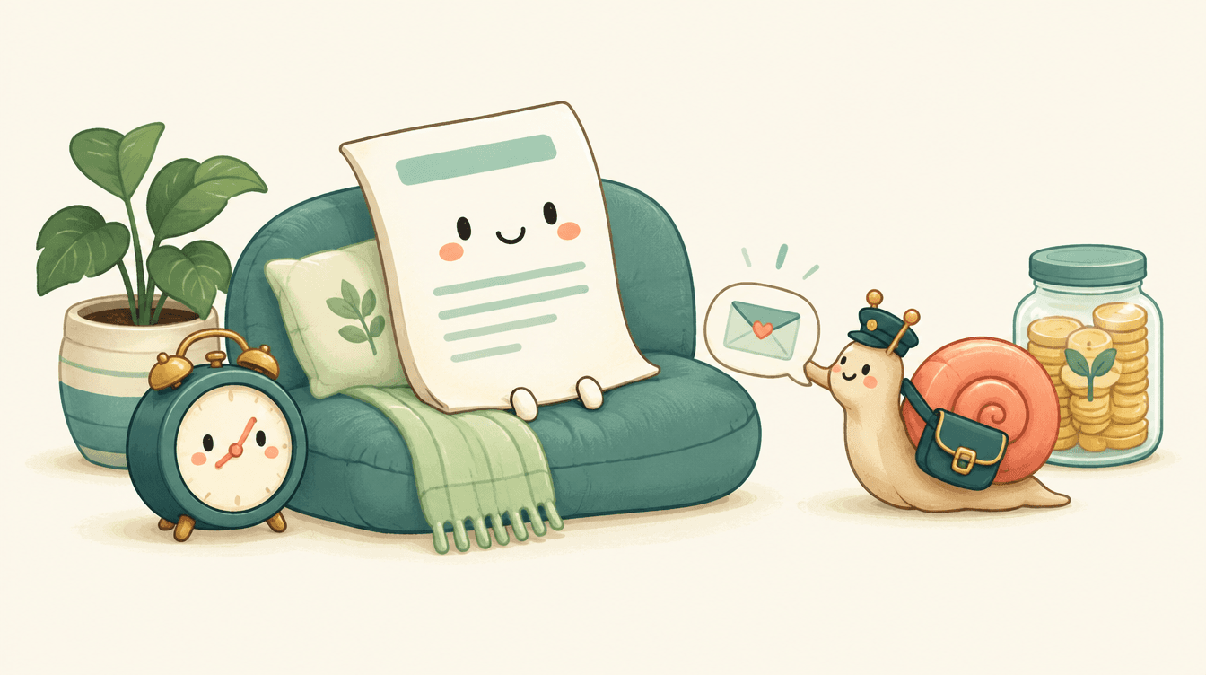 A smiling paper invoice on a cushion beside an alarm clock while a snail with a postbag delivers a small envelope