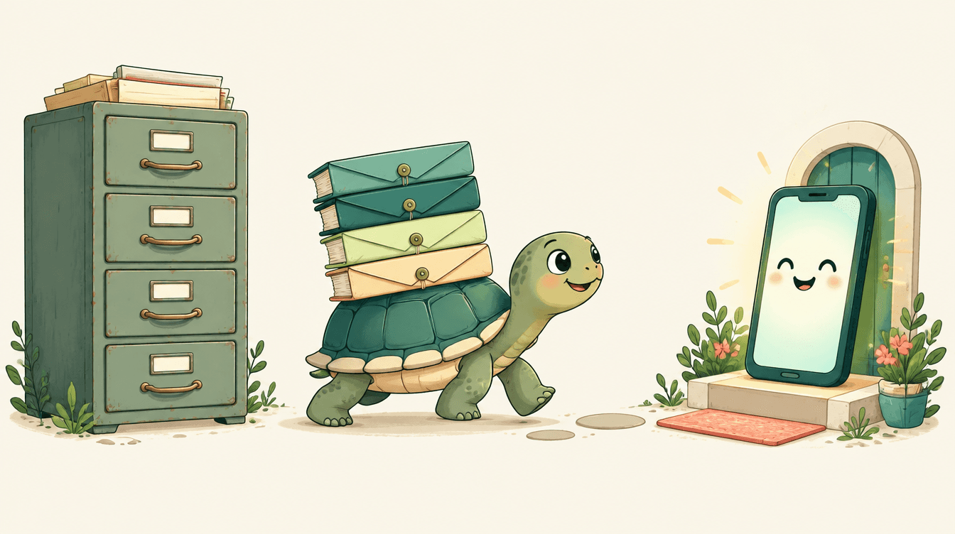A cartoon tortoise carrying a stack of ledger books on its shell, walking from an old filing cabinet toward a glowing smartphone.