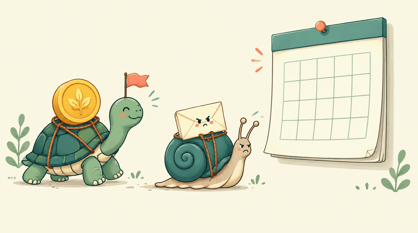 A small envelope riding on a slow snail toward a wall calendar, while a green tortoise carrying a gold coin arrives early and waves a flag