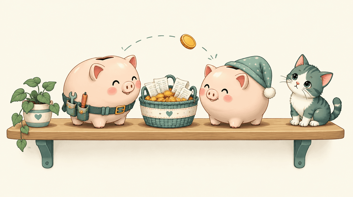 Two piggy bank figures on a shelf with a basket of coins and receipts between them, a cat watching a coin hop from one to the other