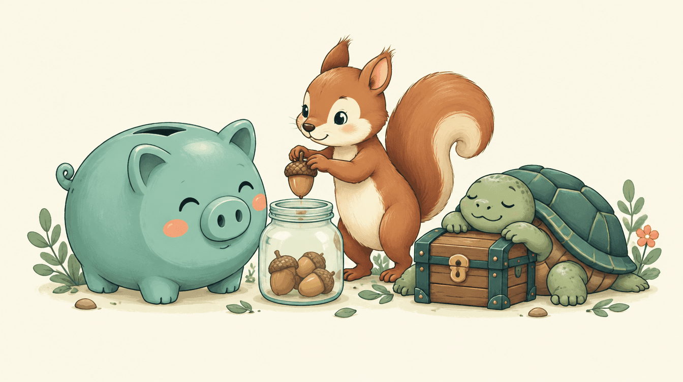 A teal piggy bank beside a jar and a small wooden chest, with a squirrel dropping a coin into the jar and a tortoise guarding the chest