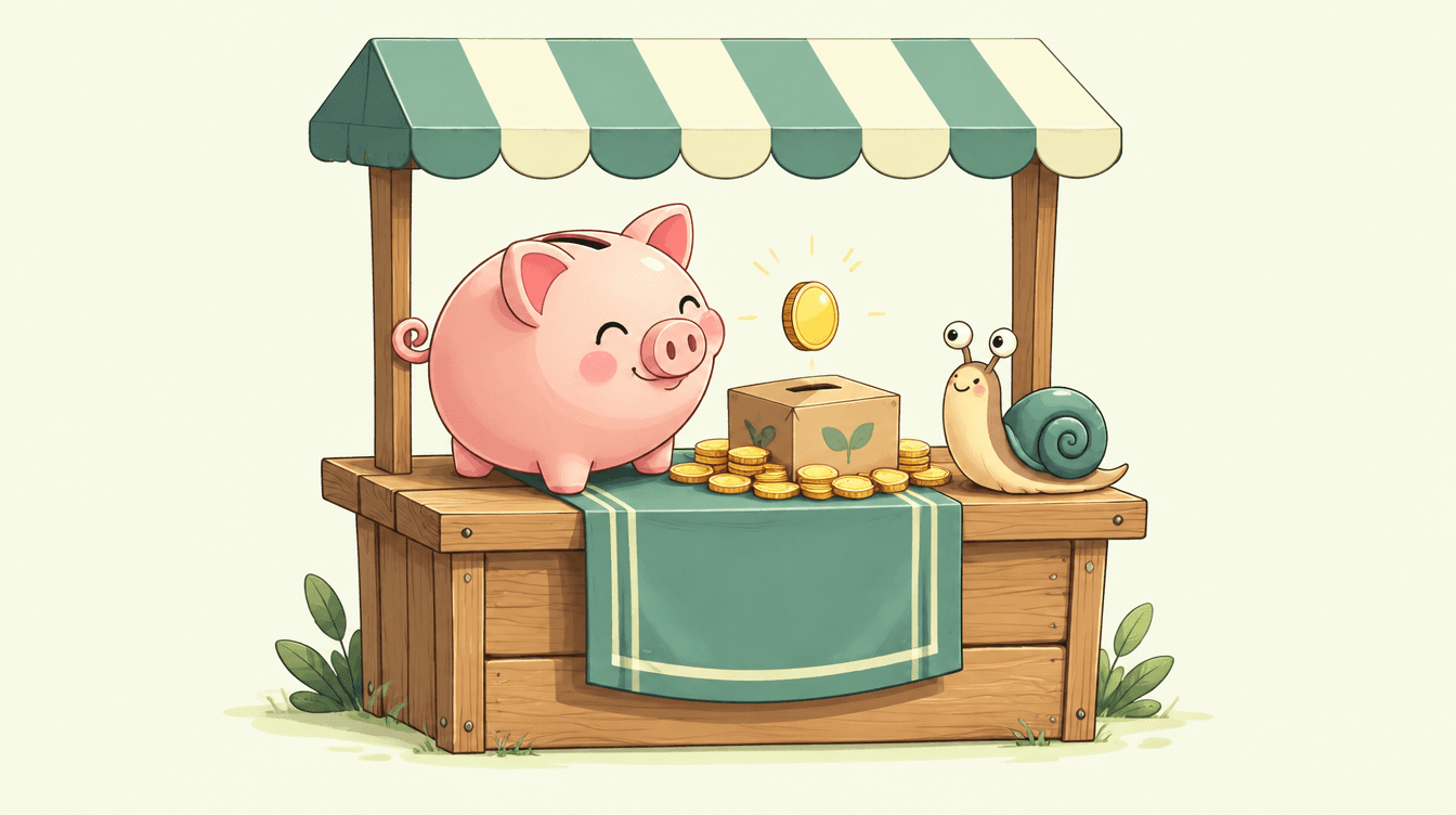 A cartoon piggy bank on a wooden market stall with one shiny coin floating above a small box, while a snail looks on.