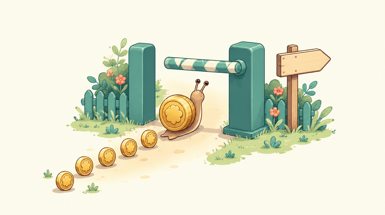 A cartoon snail carrying a gold coin shell approaches a striped barrier gate on a garden path, with a row of coins behind it.