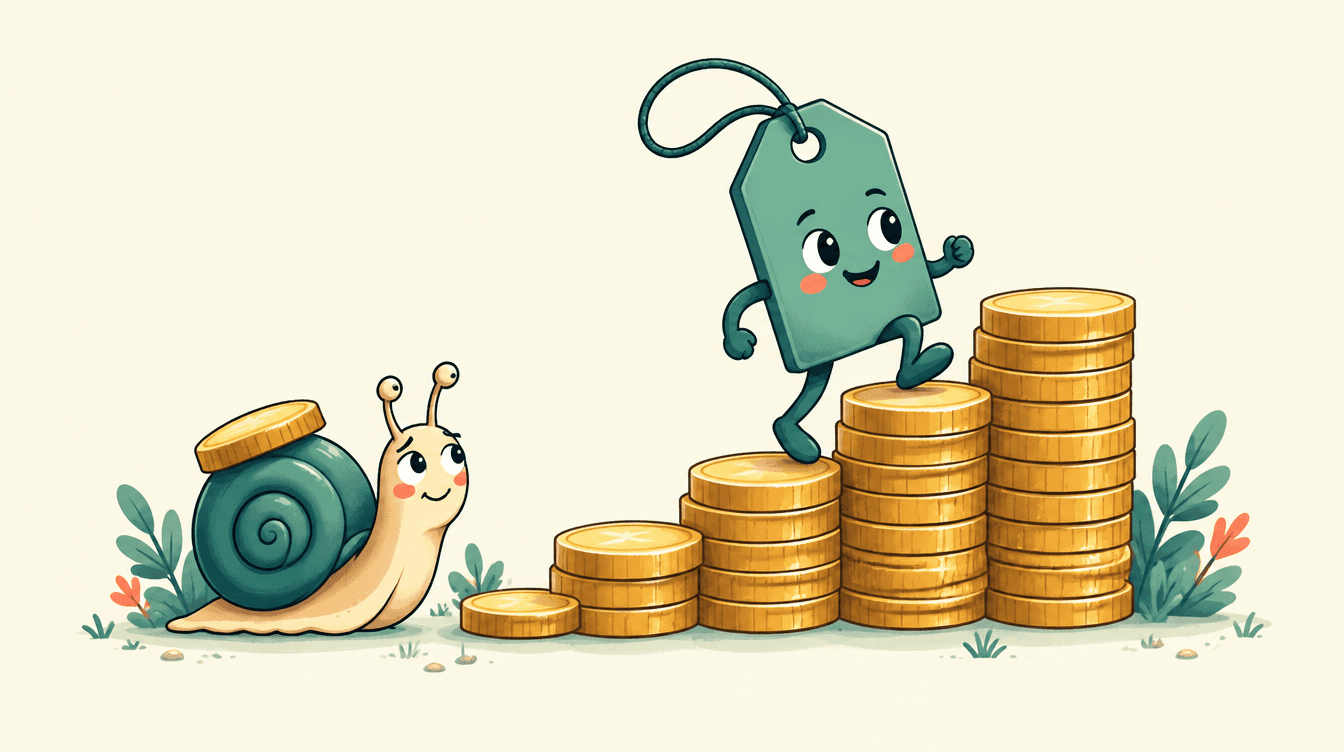 Cartoon price tag climbing a small staircase of stacked coins while a hesitant snail with a coin on its shell watches from the bottom