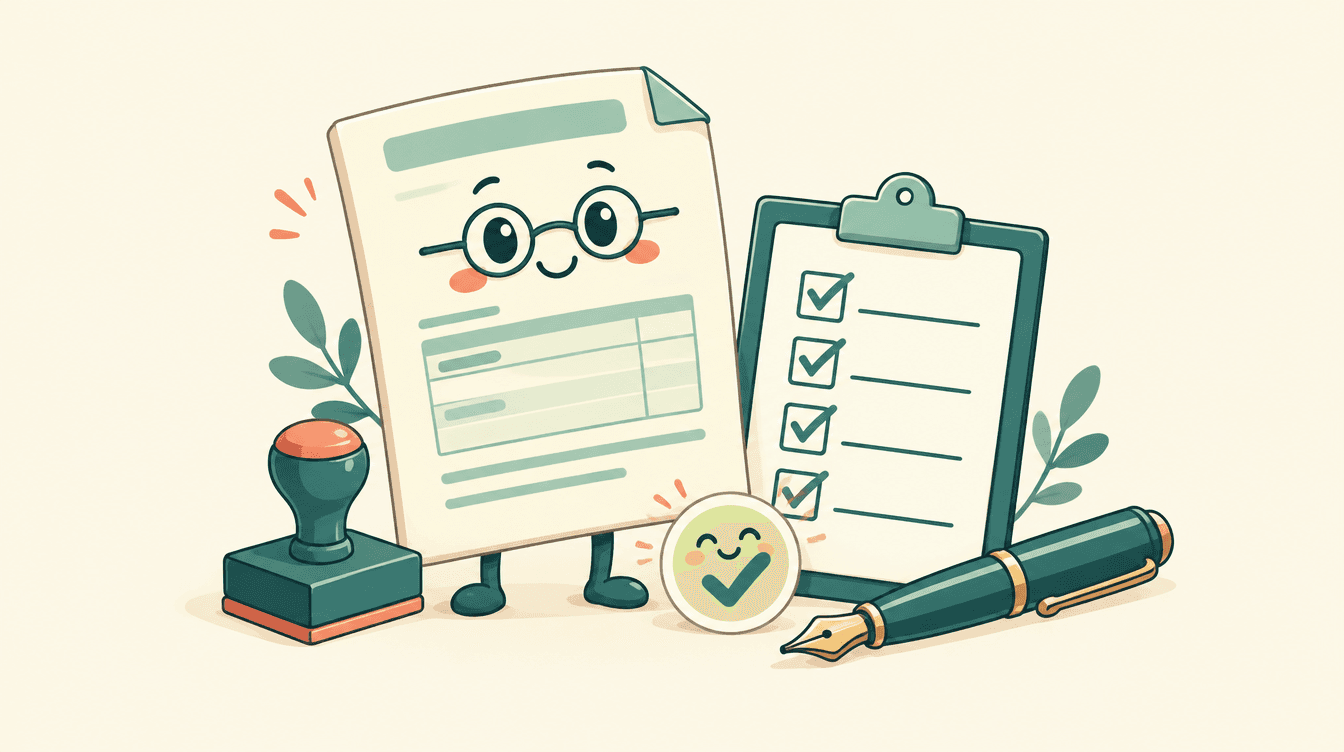 Cartoon paper invoice wearing tiny round glasses beside a checklist, a rubber stamp and a fountain pen