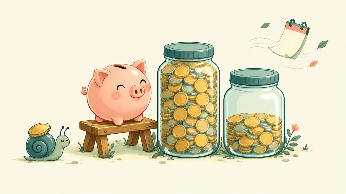A cartoon piggy bank on a wooden bench beside two jars of coins, with a sleepy snail carrying one coin towards them.
