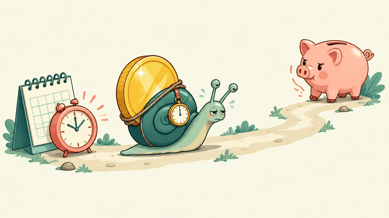 A tired cartoon snail carrying a big gold coin along a path towards an impatient piggy bank, with a coral clock ticking beside it