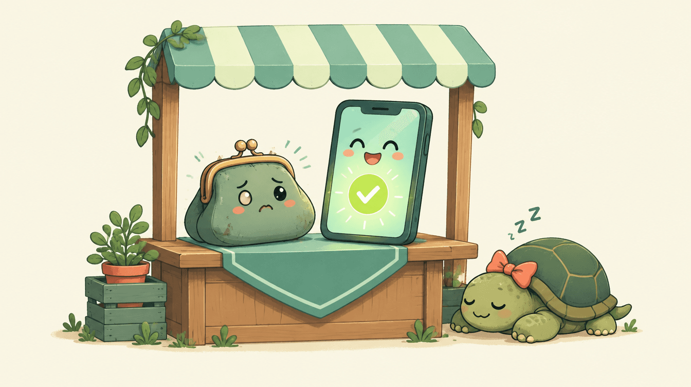 A worried cartoon coin purse next to a cheerful smartphone with a glowing tick, on a small wooden market stall with a sleepy tortoise wearing a coral bow