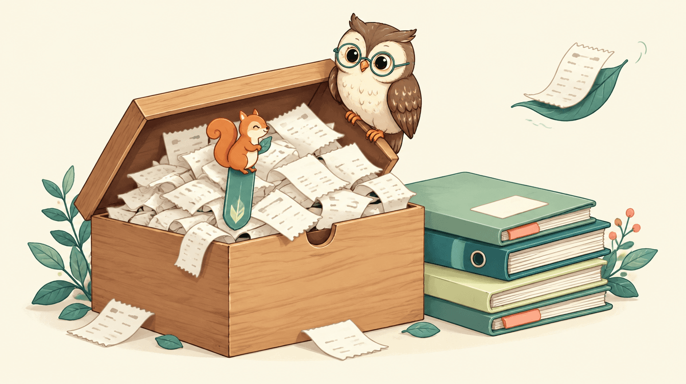 A wooden box stuffed with paper receipts, with a small owl in round glasses perched on top, next to a stack of folders and one receipt blowing away on a leaf