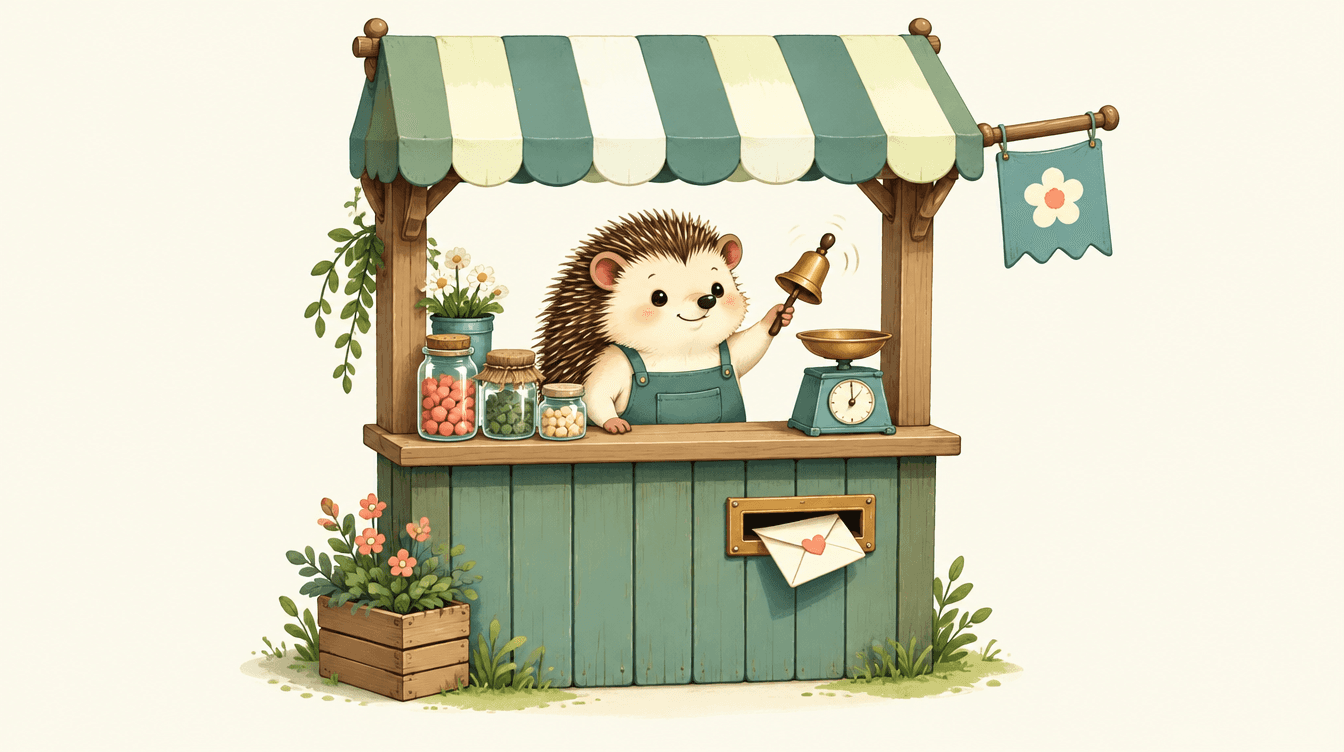 A tiny wooden market stall with a striped awning and a hedgehog behind the counter ringing a brass bell next to a mail slot with an envelope