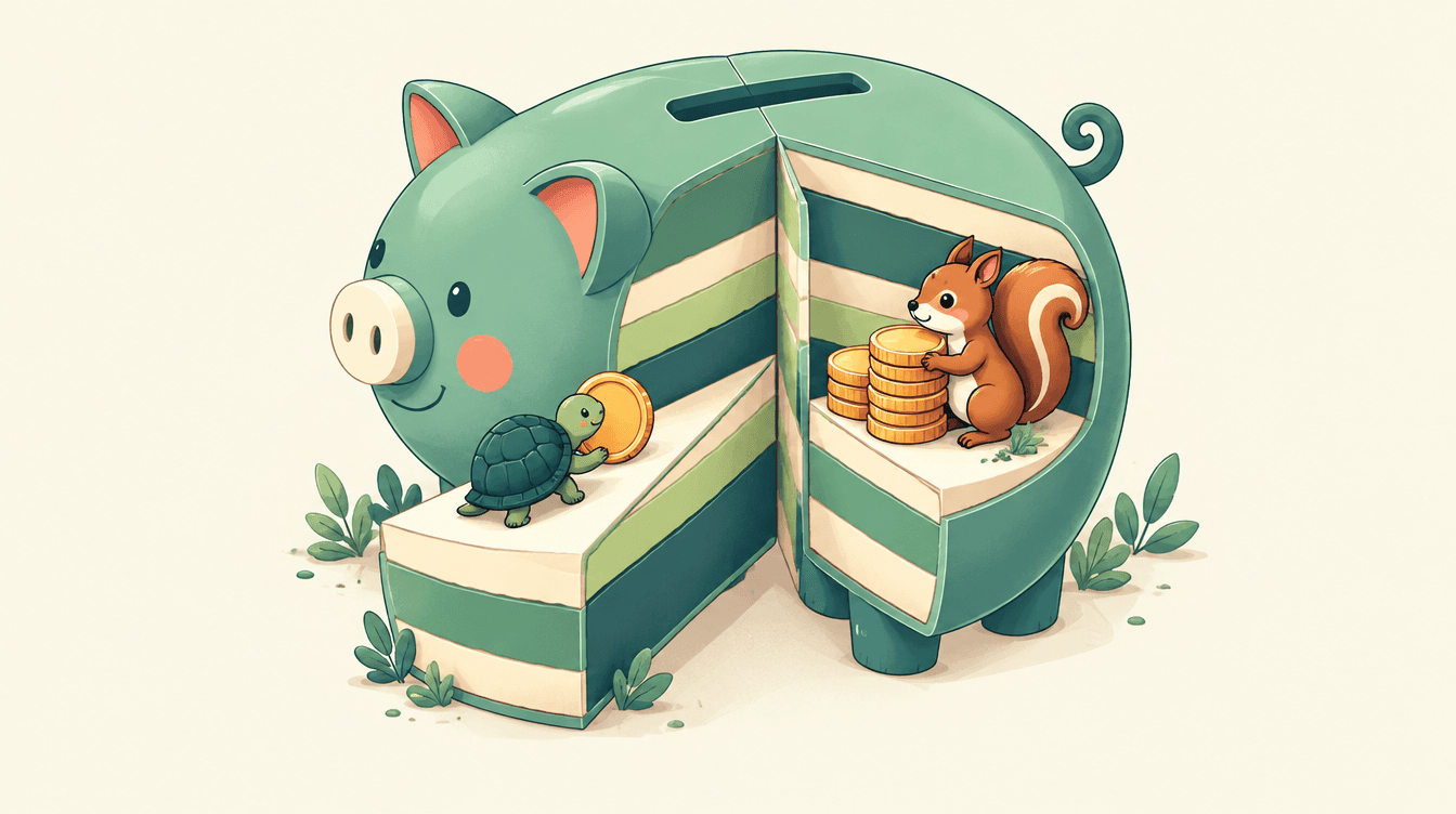 A round piggy bank cut into layers like a cake, with a tortoise carrying a gold coin towards one slice and a squirrel guarding a stack of coins in another