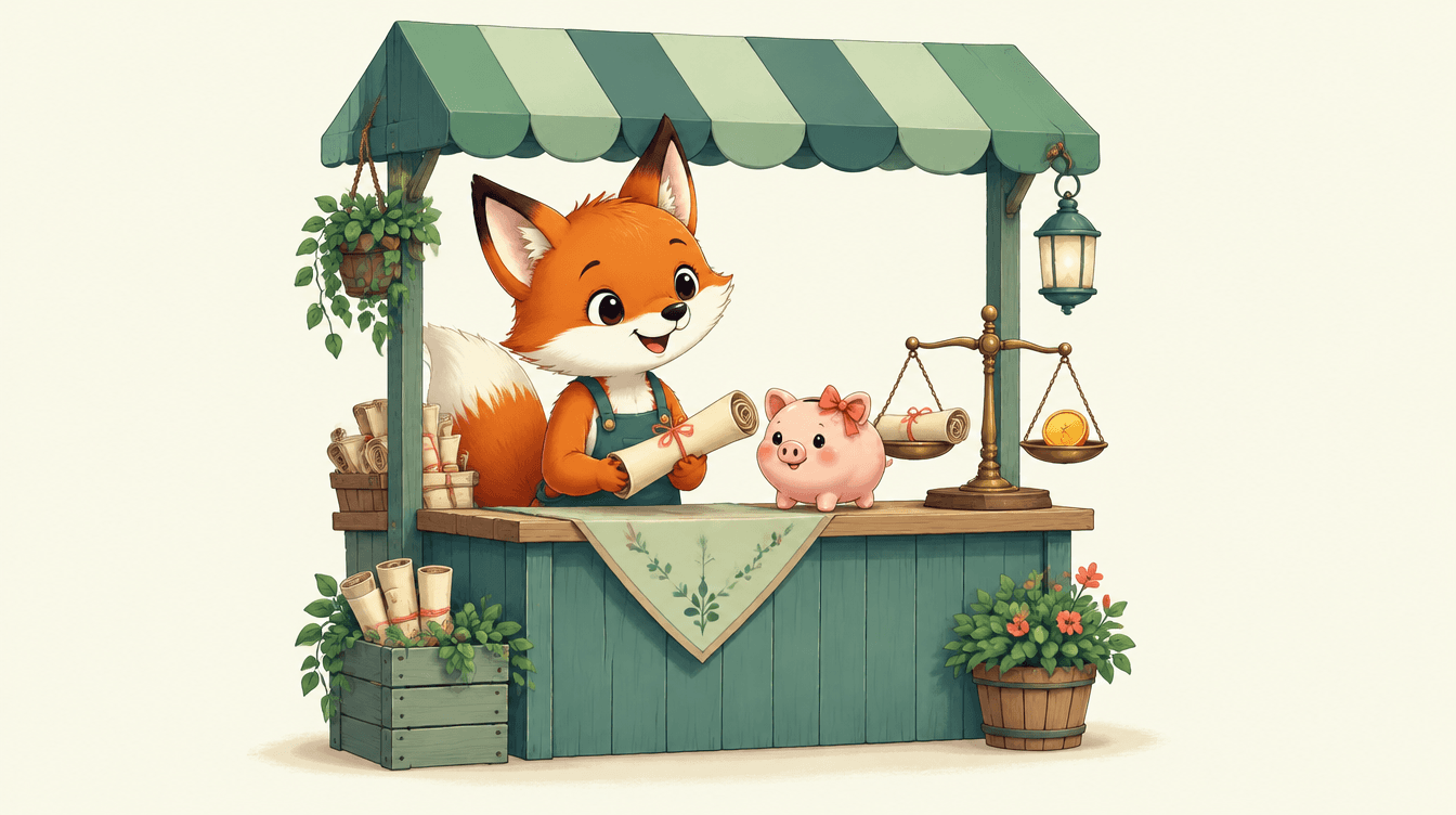 A cartoon fox at a small market stall holding a rolled-up scroll, next to a coral-bowed piggy bank and a brass scale weighing the scroll against a coin