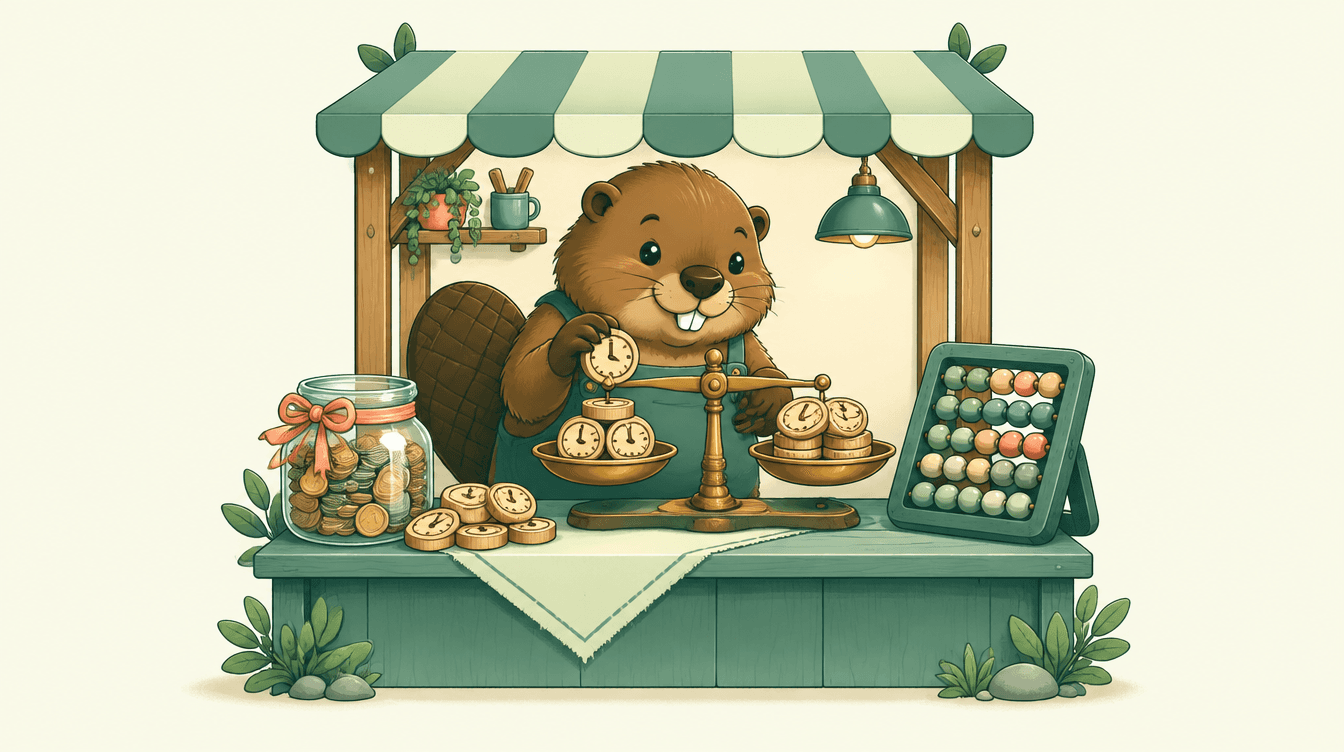 A cartoon beaver at a small stall stacking wooden clock tokens on a brass scale beside a jar of coins