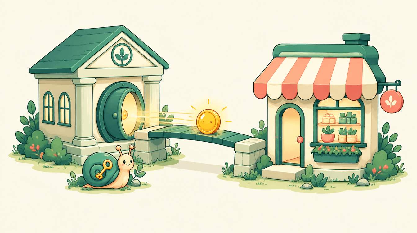 A cartoon bank building sends a glowing coin across a short bridge to a small shop with a striped awning, while a snail with a golden key on its shell watches.