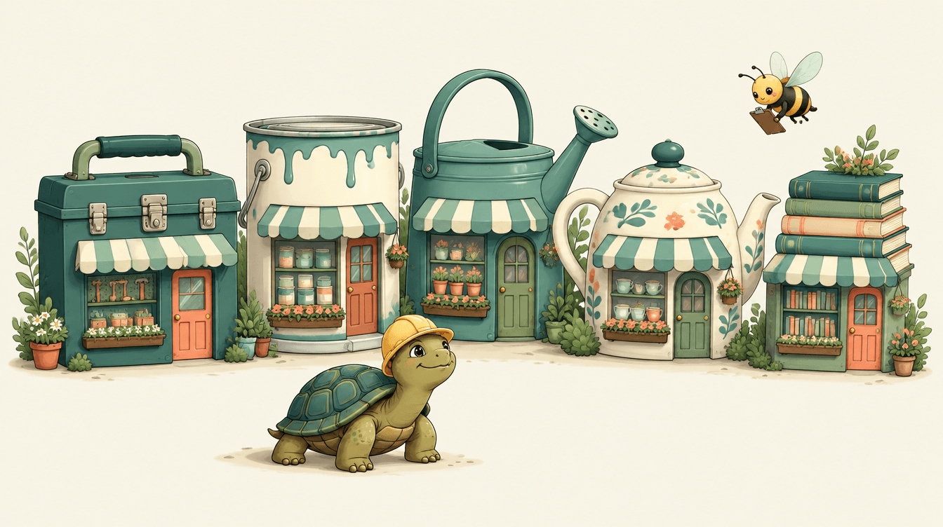 A tiny high street made from a toolbox, paint pot, watering can, teapot and stack of books, with a tortoise in a hard hat and a bee holding a clipboard