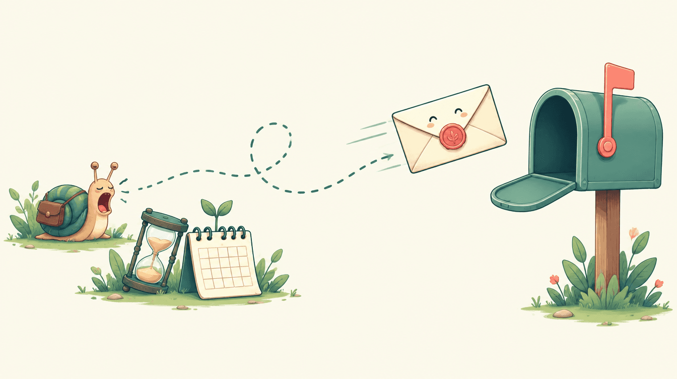 A cartoon paper envelope zooming along a dotted path towards a mailbox while a sleepy snail with a tiny satchel lags behind next to an hourglass
