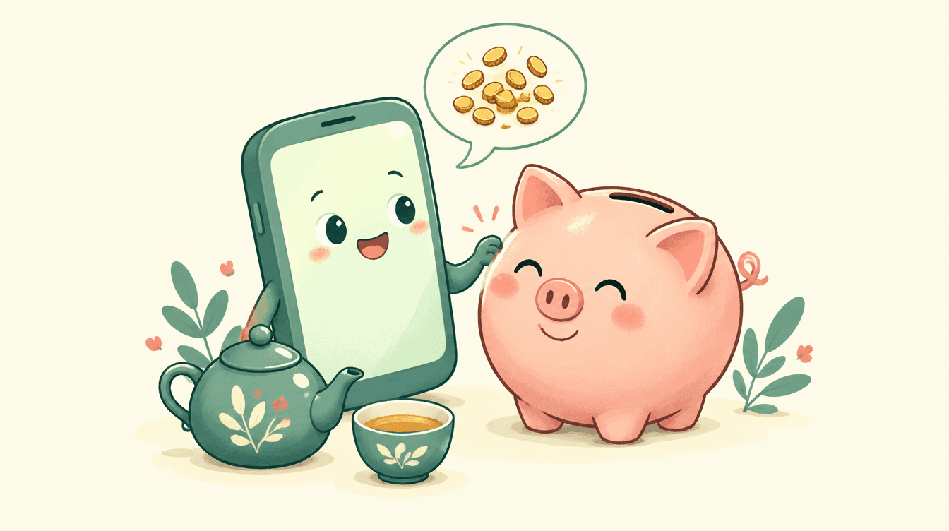 A cartoon smartphone with a speech bubble of tiny coins tapping a smiling piggy bank on the shoulder, with a teapot and cup of tea beside them
