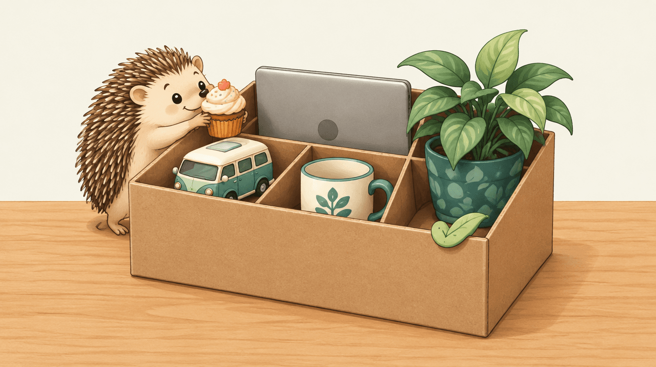 A cartoon cardboard organiser holding a toy van, a laptop, a mug and a plant, while a hedgehog reaches over the side to slip in a cupcake.
