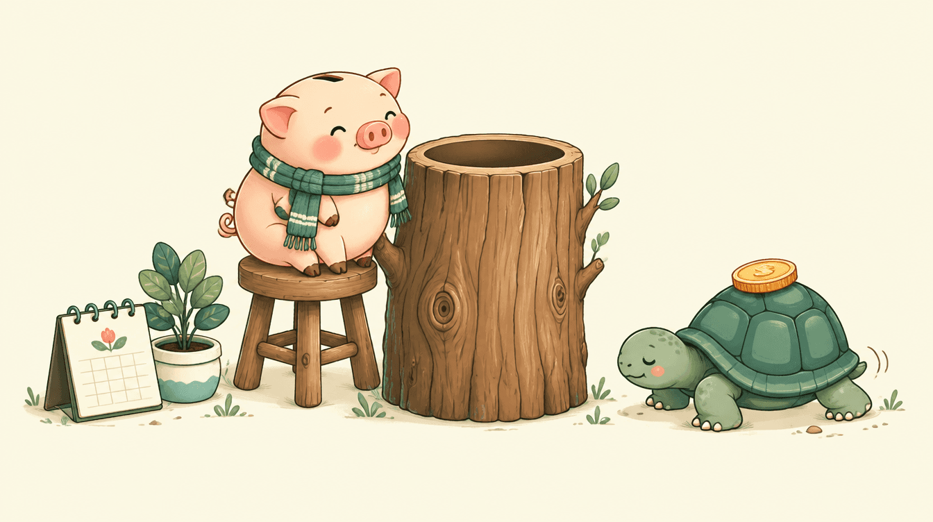 A scarf-wearing piggy bank sits beside a large empty savings jar while a sleepy tortoise carrying a gold coin plods slowly towards it