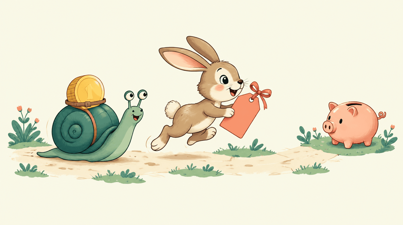 A cartoon snail carrying a gold coin on its shell while a hare with a coral price tag leaps along a path towards a pink piggy bank