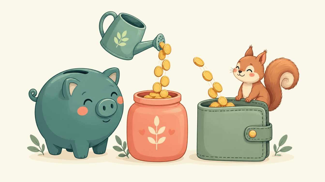 A cartoon piggy bank next to a watering can pouring gold coins into a coral jar and a sage green wallet, with a pleased squirrel sitting on the wallet